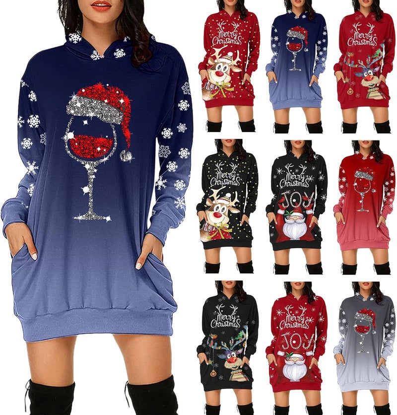 woobles Hoodie Dress, Womens Hoodie Dress Christmas Pattern Print Polyester Casual for Shopping - Image 2